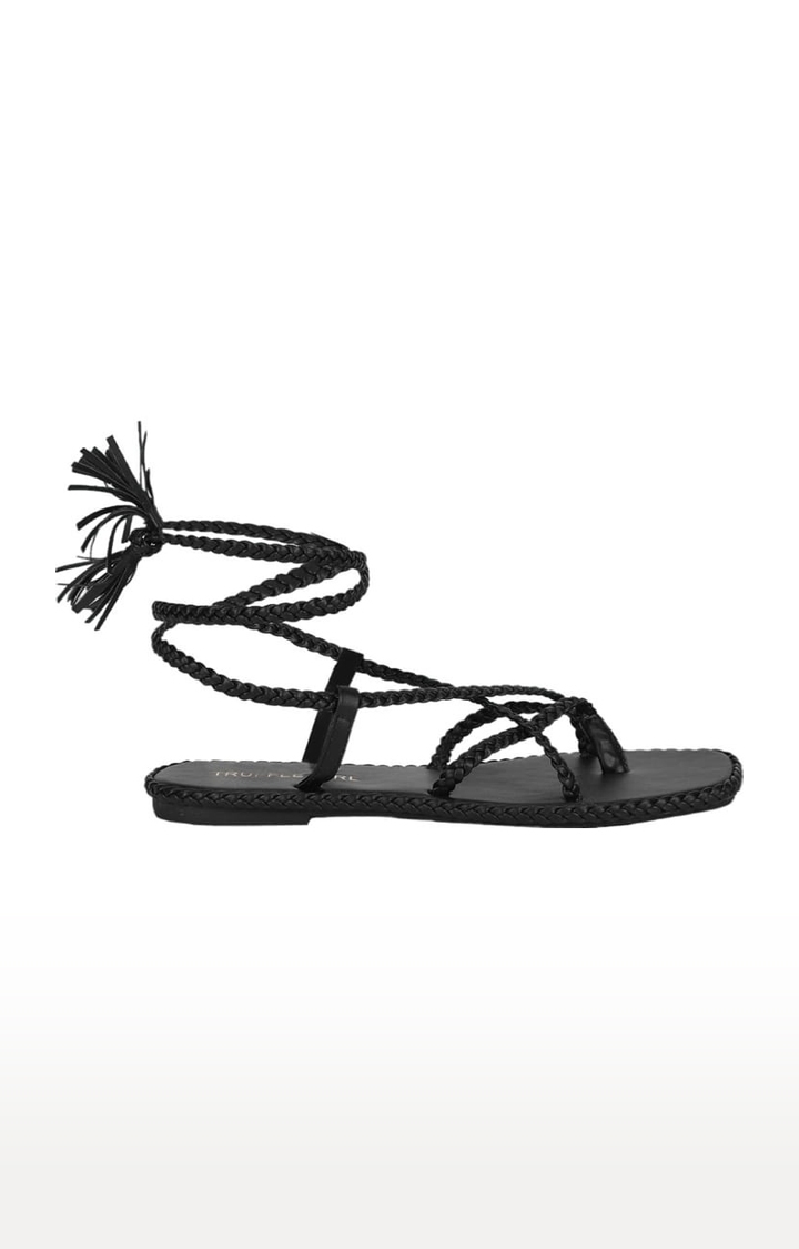 Truffle Collection | Women's Black PU Solid Drawstring Sandals 1