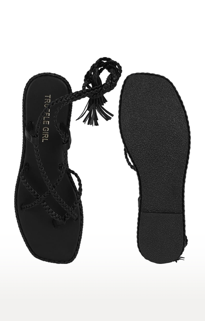 Truffle Collection | Women's Black PU Solid Drawstring Sandals 3