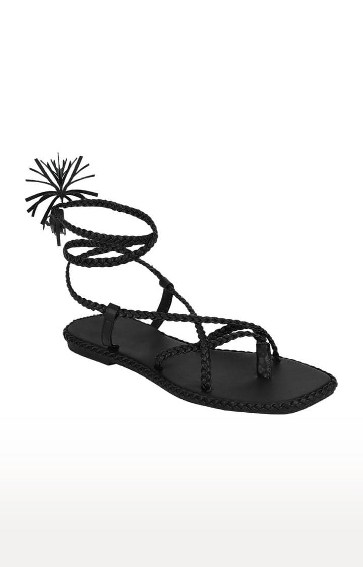 Truffle Collection | Women's Black PU Solid Drawstring Sandals 0