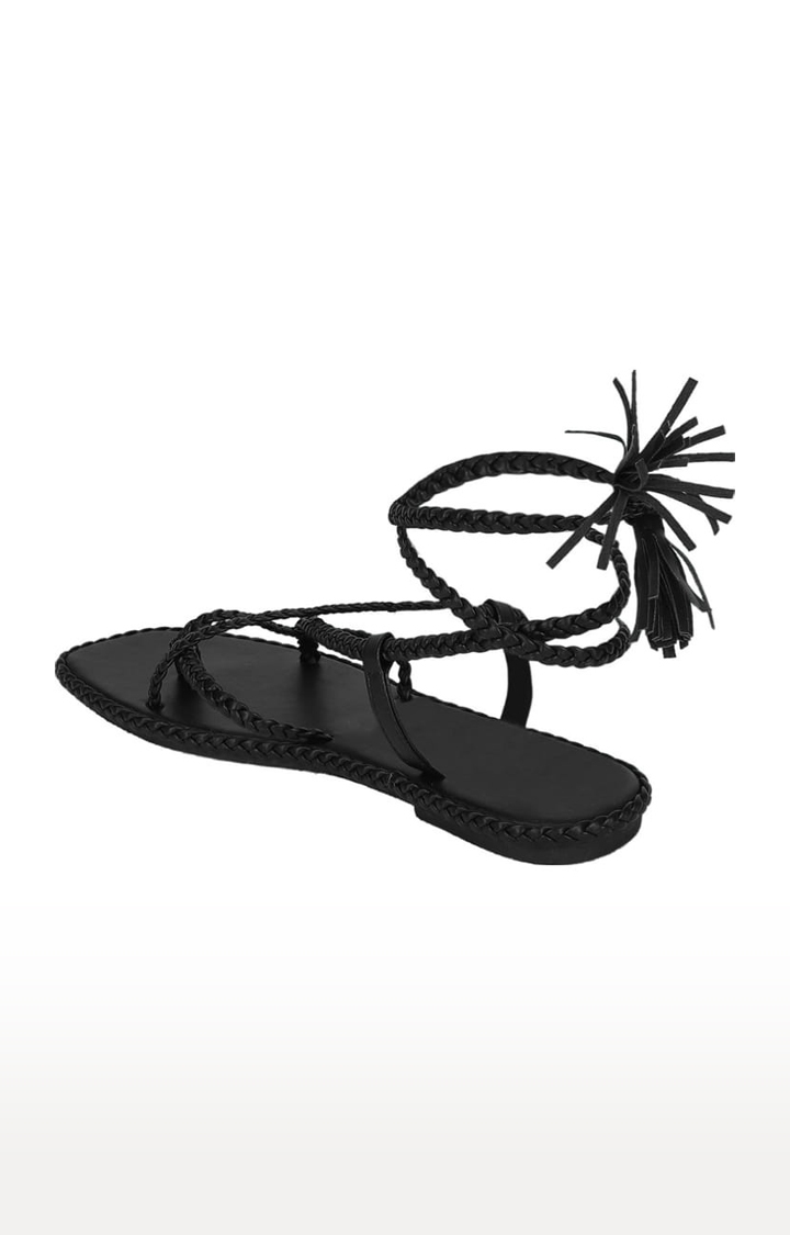 Truffle Collection | Women's Black PU Solid Drawstring Sandals 2