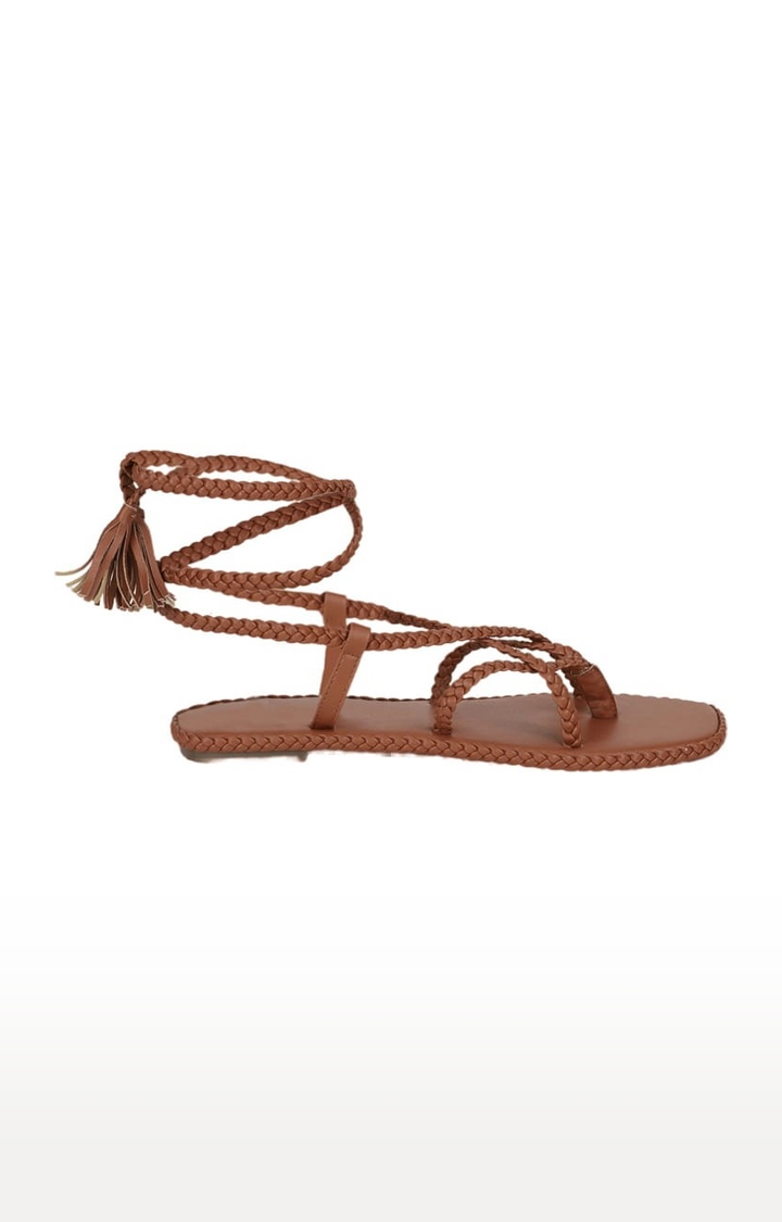 Truffle Collection | Women's Brown PU Solid Drawstring Sandals 1