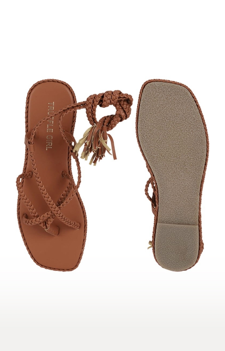 Truffle Collection | Women's Brown PU Solid Drawstring Sandals 3
