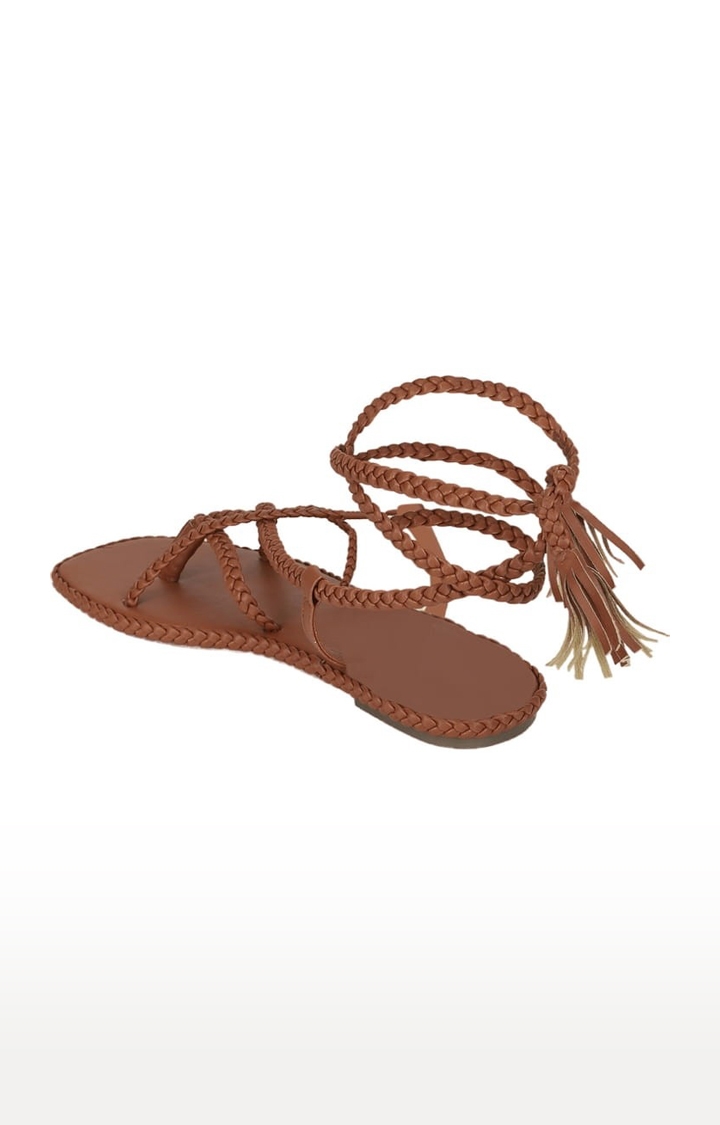Truffle Collection | Women's Brown PU Solid Drawstring Sandals 2