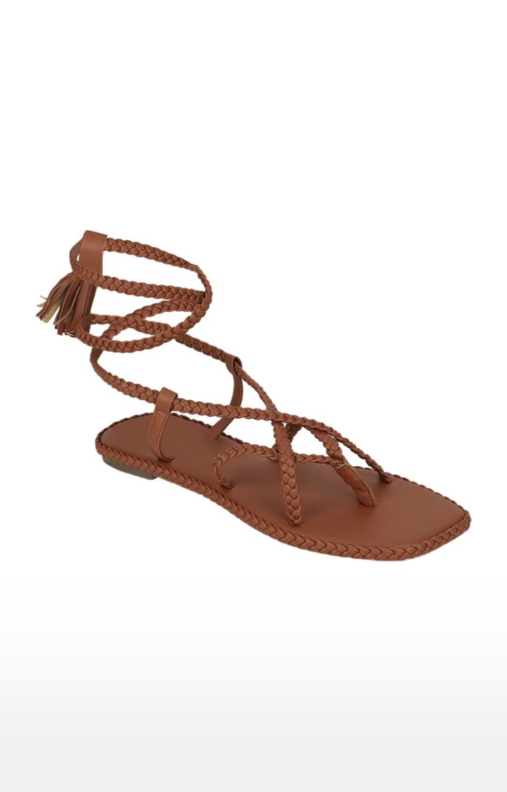 Truffle Collection | Women's Brown PU Solid Drawstring Sandals 0