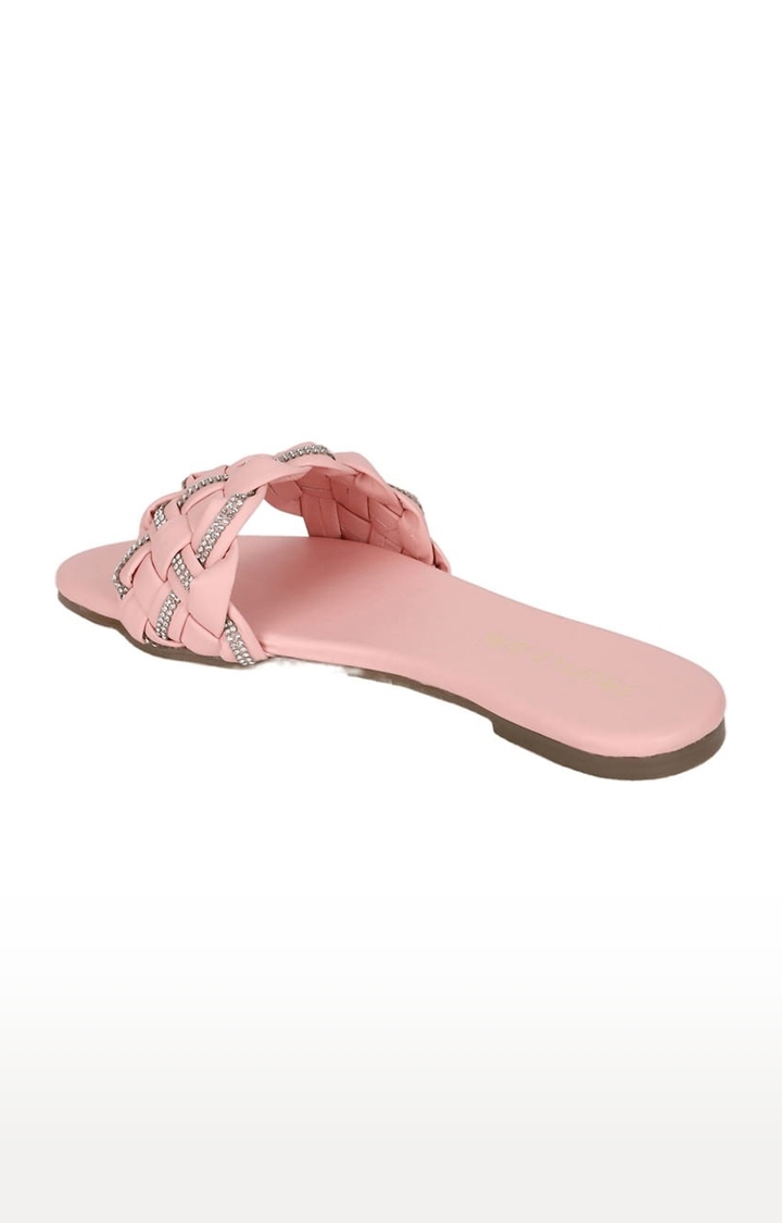 Truffle Collection | Women's Pink PU Embellished Flat Slip-ons 2