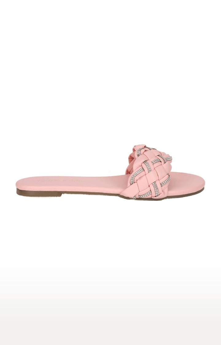 Truffle Collection | Women's Pink PU Embellished Flat Slip-ons 1