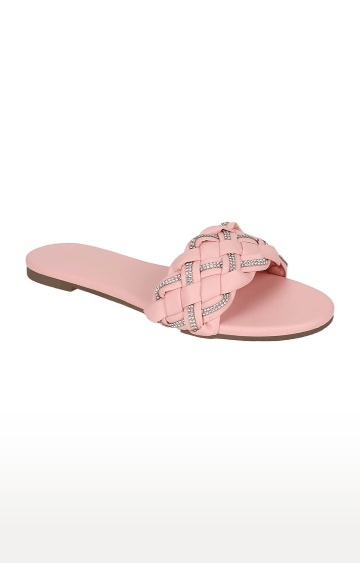 Truffle Collection | Women's Pink PU Embellished Flat Slip-ons 0