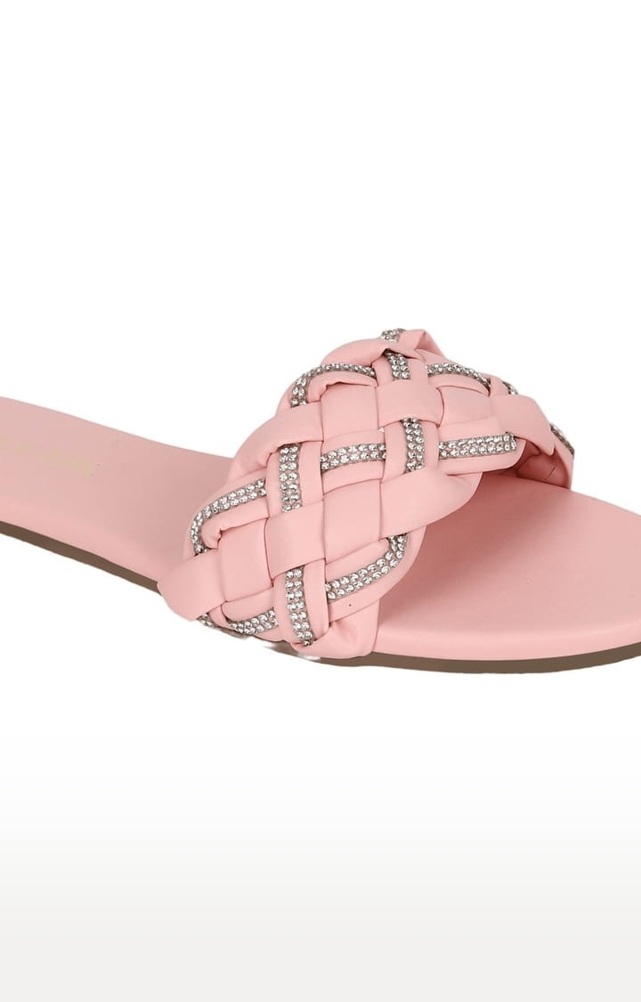 Truffle Collection | Women's Pink PU Embellished Flat Slip-ons 4