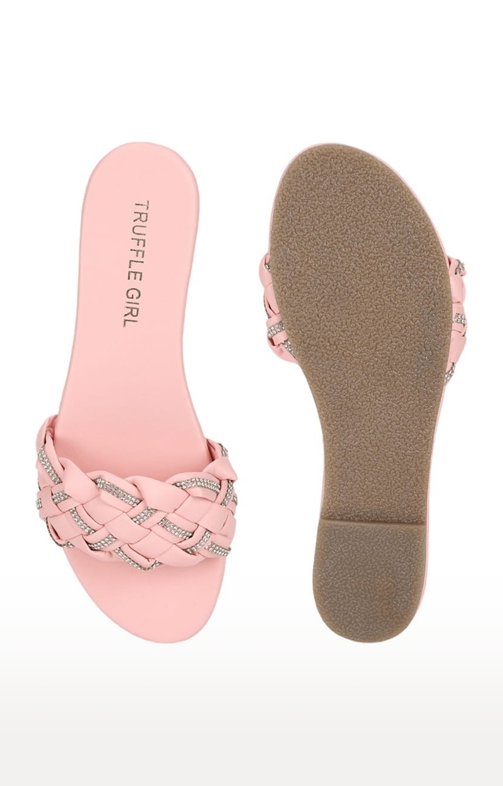 Truffle Collection | Women's Pink PU Embellished Flat Slip-ons 3
