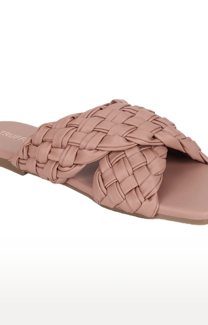 Truffle Collection | Women's Pink PU Handwoven Flat Slip-ons 4