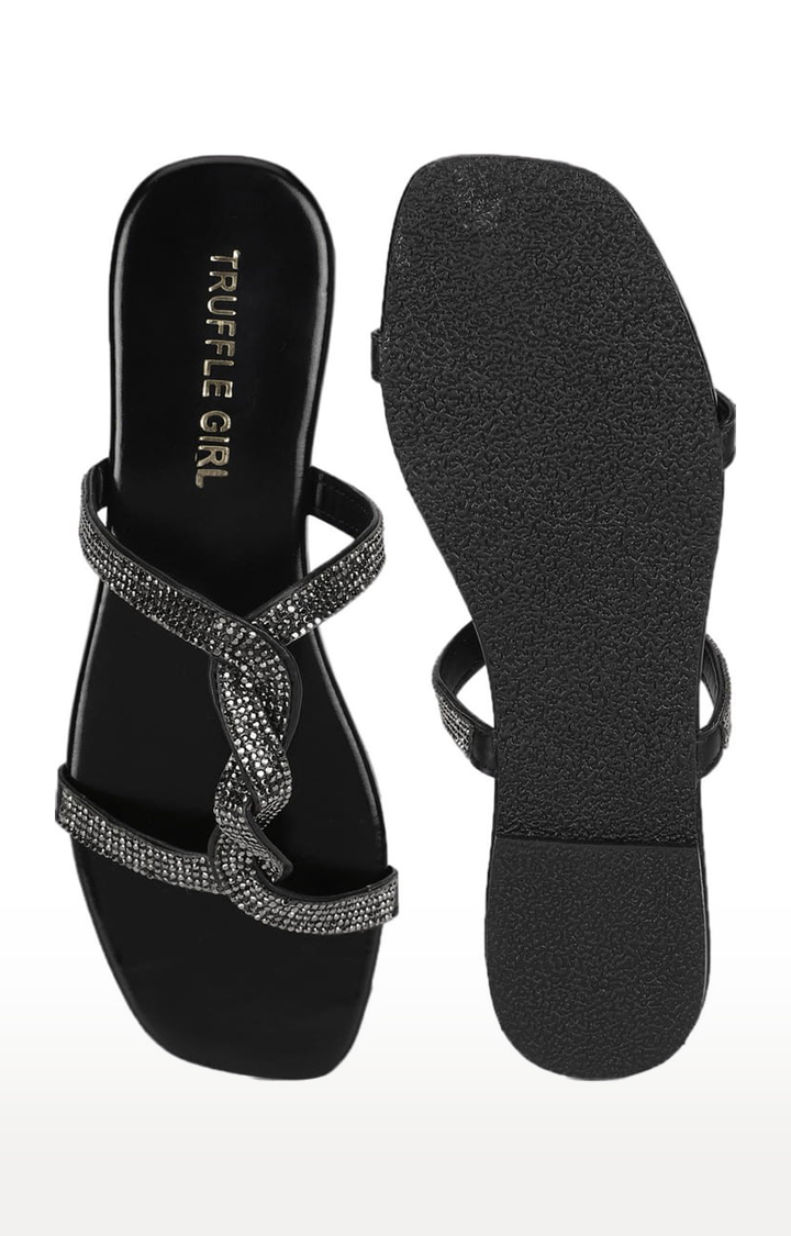 Women's Black PU Embellished Flat Slip-ons