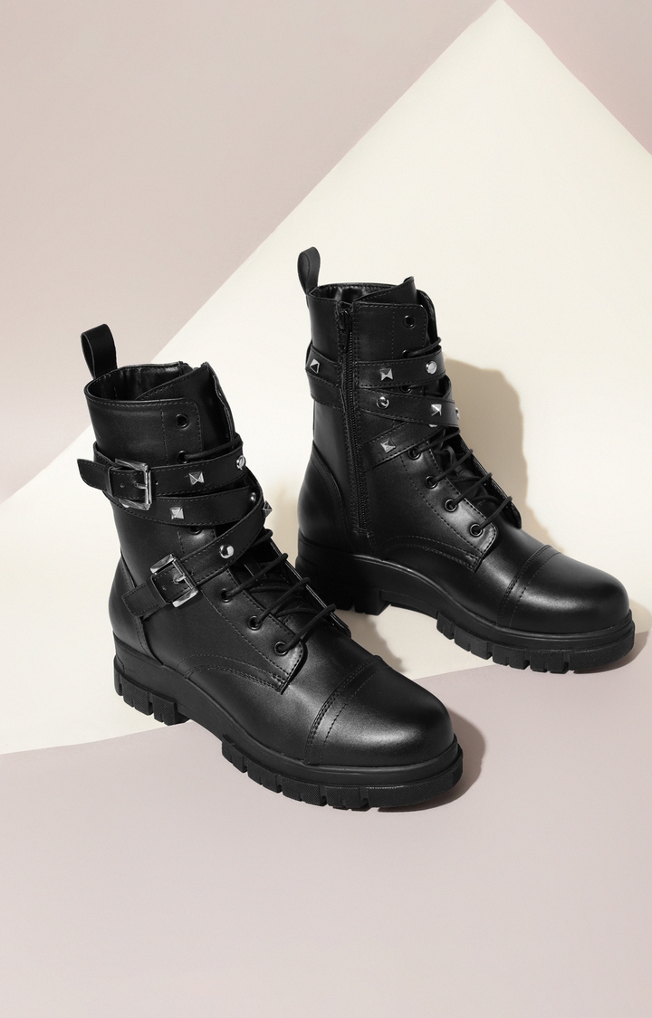 Truffle Collection | Women's Black PU Block Ankle Boots 6