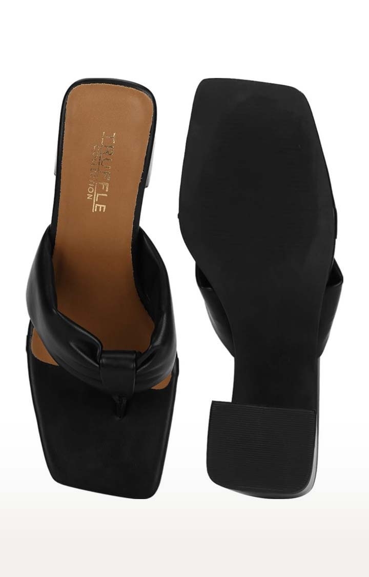 Truffle Collection | Women's Black PU Solid Slip On Block Heels 3