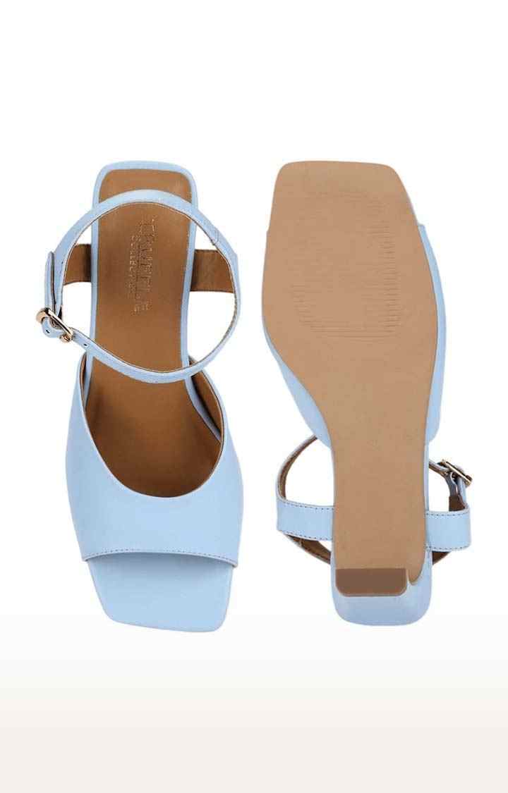 Truffle Collection | Women's Blue PU Solid Buckle Block Heels 3