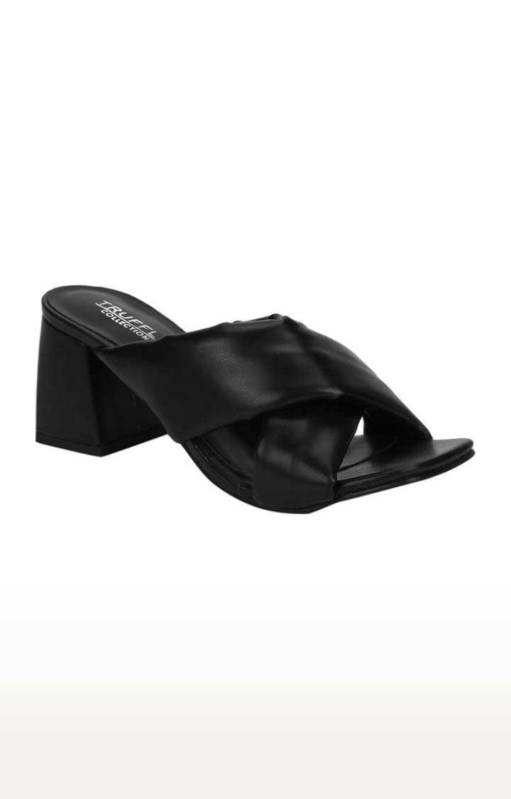 Truffle Collection | Women's Black PU Solid Slip On Block Heels 0