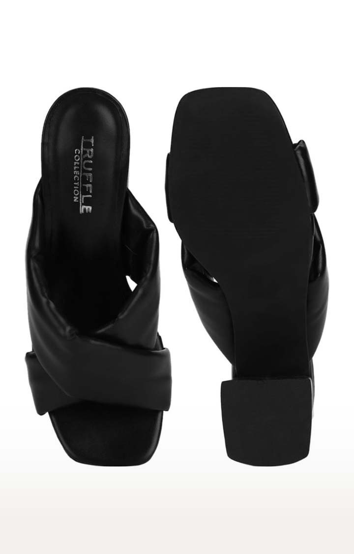 Truffle Collection | Women's Black PU Solid Slip On Block Heels 3