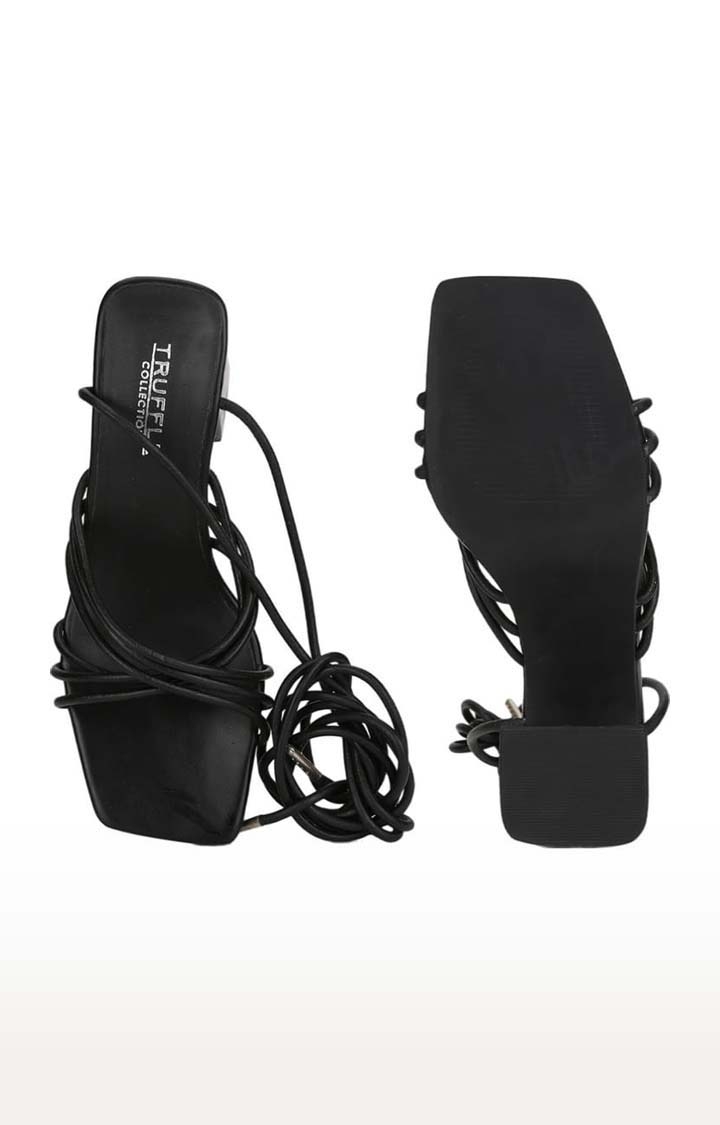 Truffle Collection | Women's Black PU Solid Drawstring Sandals 3
