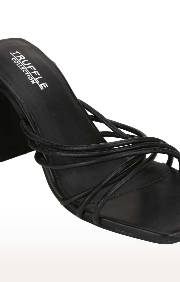 Truffle Collection | Women's Black PU Solid Drawstring Sandals 4