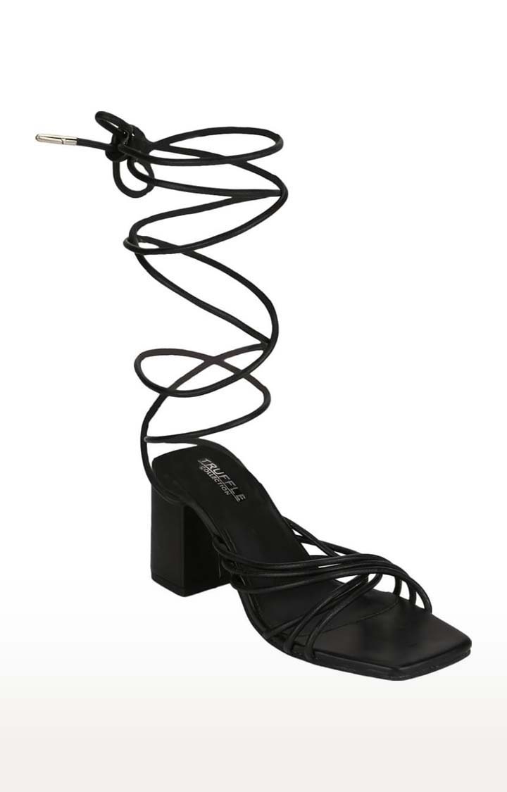 Truffle Collection | Women's Black PU Solid Drawstring Sandals