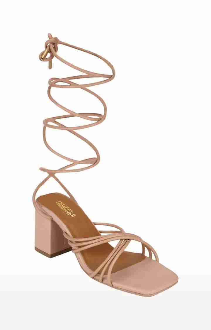 Truffle Collection | Women's Beige PU Solid Lace-Up Sandals 0