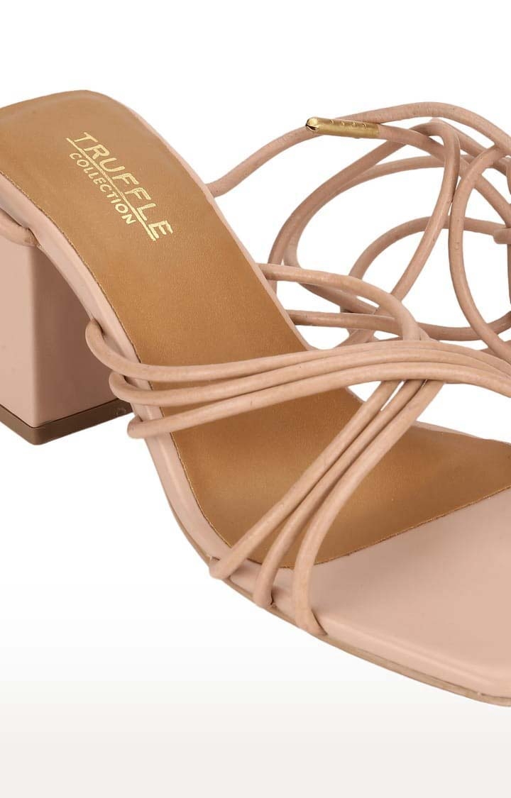 Truffle Collection | Women's Beige PU Solid Lace-Up Sandals 4