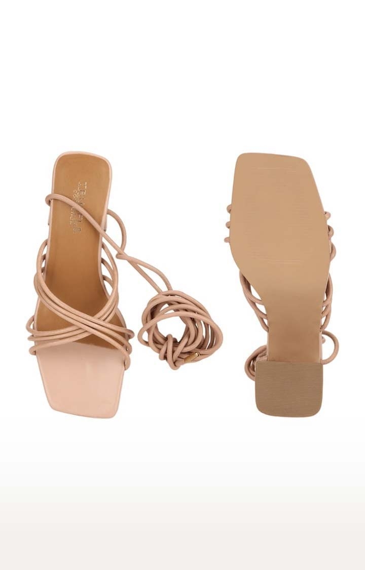 Truffle Collection | Women's Beige PU Solid Lace-Up Sandals 3