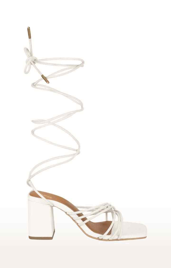 Women's White PU Solid Drawstring Block Heels