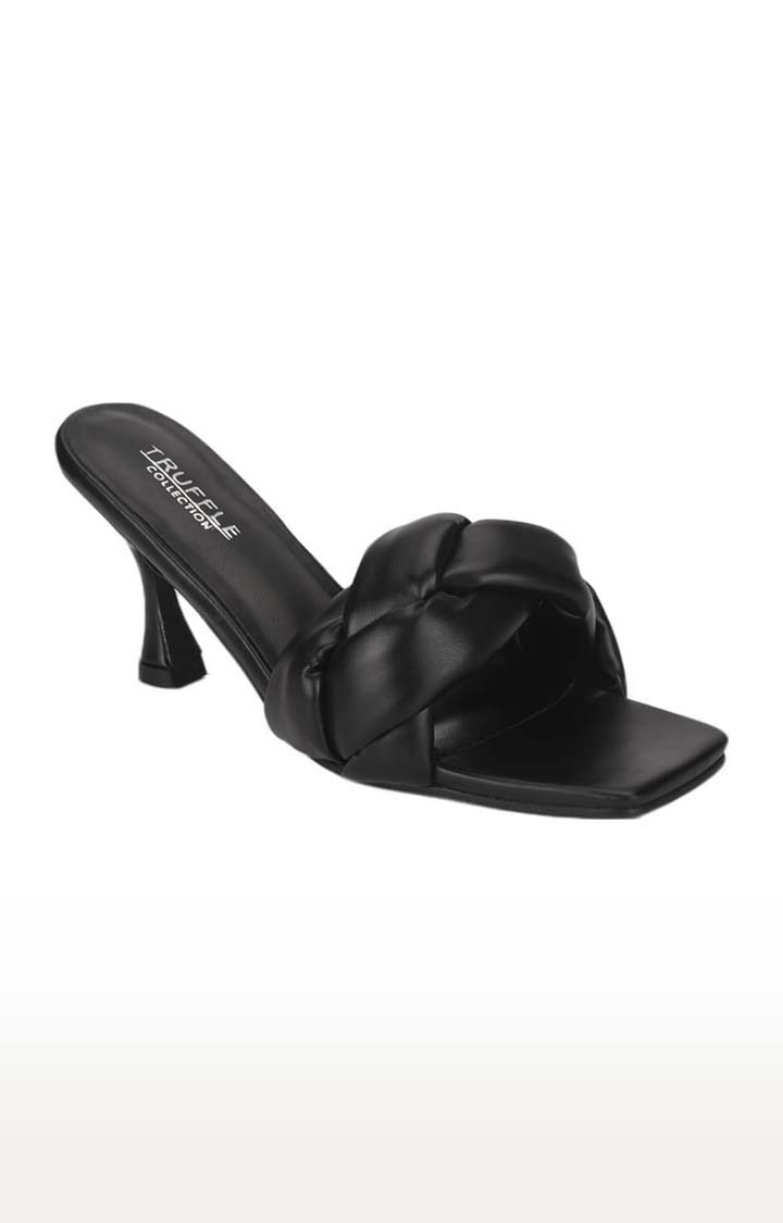 Truffle Collection | Women's Black PU Solid Slip On Kitten Heels
