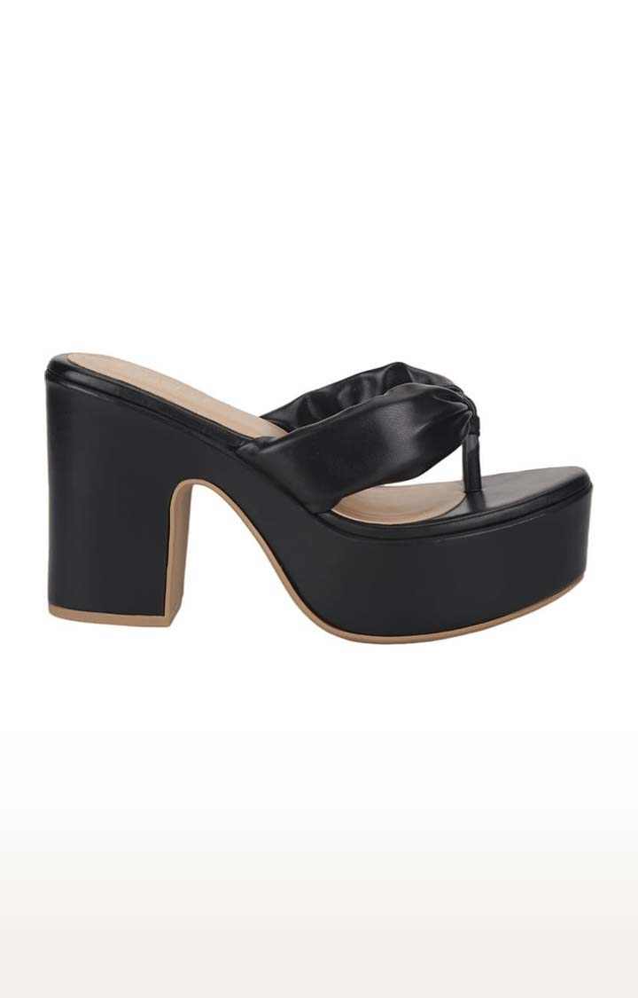 Women's Black PU Solid Slip On Block Heels