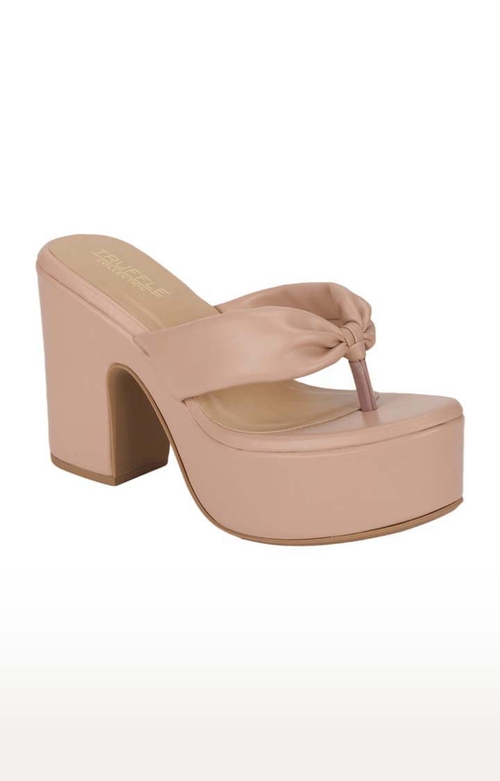 Truffle Collection | Women's Beige PU Solid Slip On Block Heels