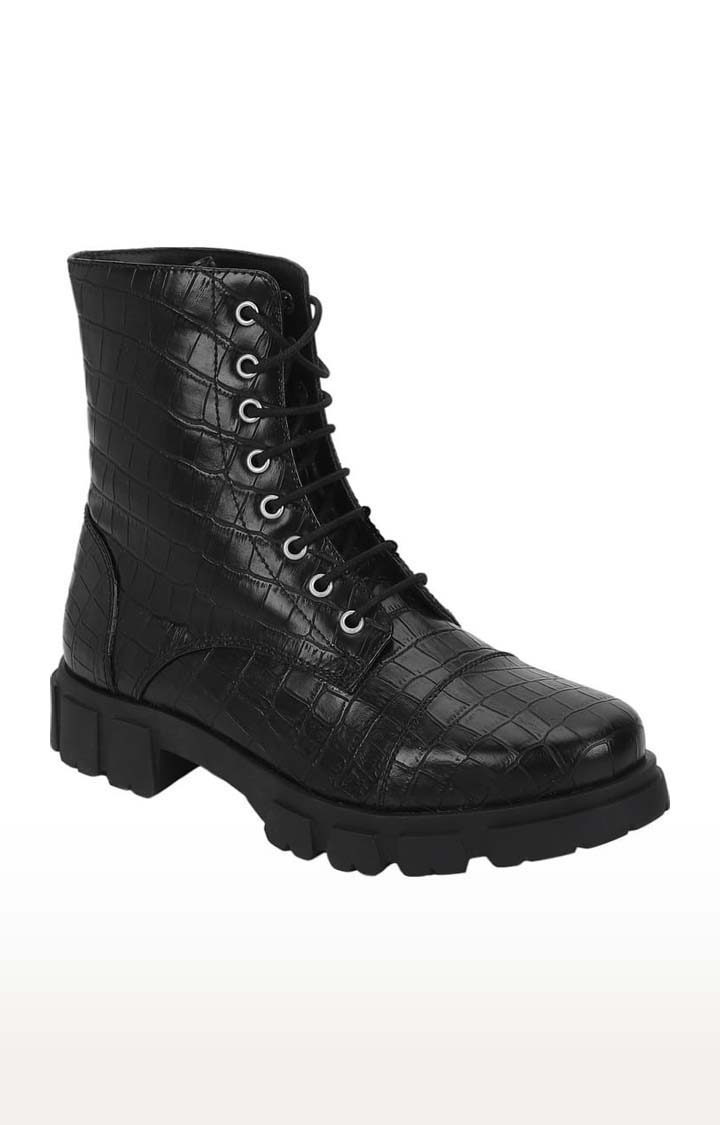 Truffle Collection | Women's Black Synthetic Leather Textured Lace-Up Boot