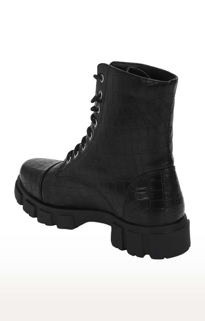 Truffle Collection | Women's Black Synthetic Leather Textured Lace-Up Boot 2