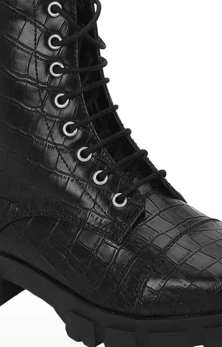 Truffle Collection | Women's Black Synthetic Leather Textured Lace-Up Boot 4