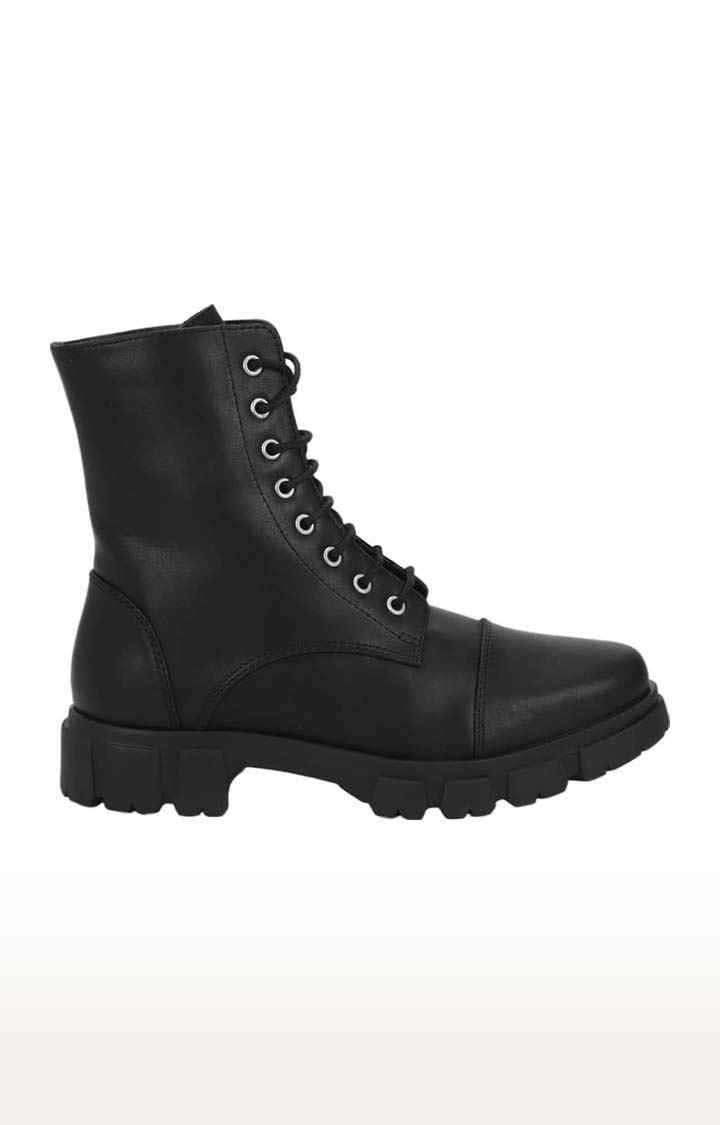 Women's Black PU Solid Lace-Up Boot