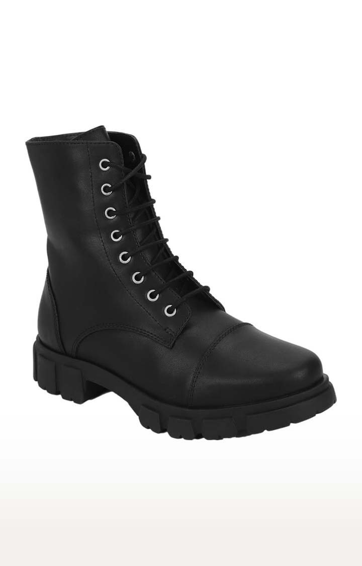 Truffle Collection | Women's Black PU Solid Lace-Up Boot
