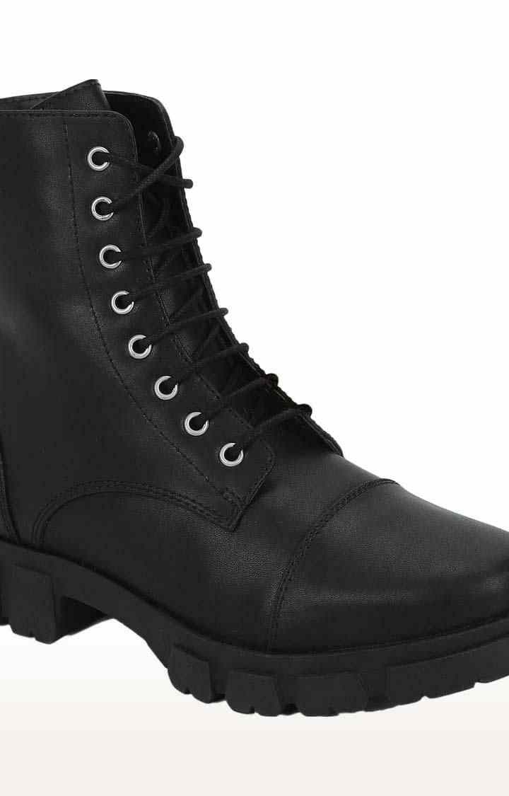 Women's Black PU Solid Lace-Up Boot