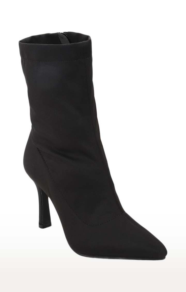 Women's Black Lycra Solid Zip Boot