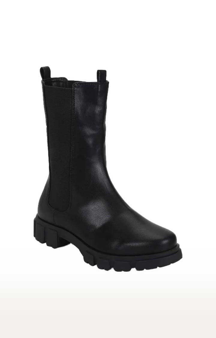 Truffle Collection | Women's Black PU Solid Slip On Boot
