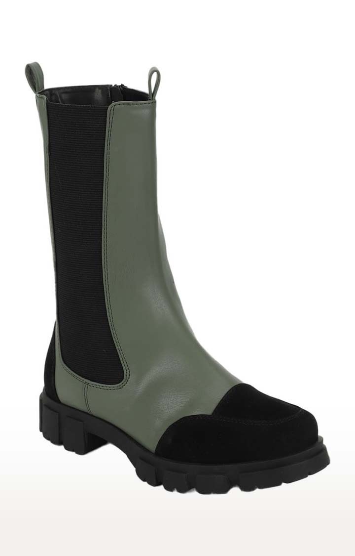 Truffle Collection | Women's Green PU Solid Zip Boot