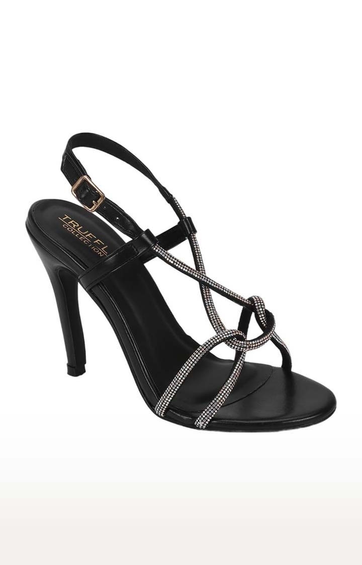 Truffle Collection | Women's Black PU Embellished Buckle Sandals