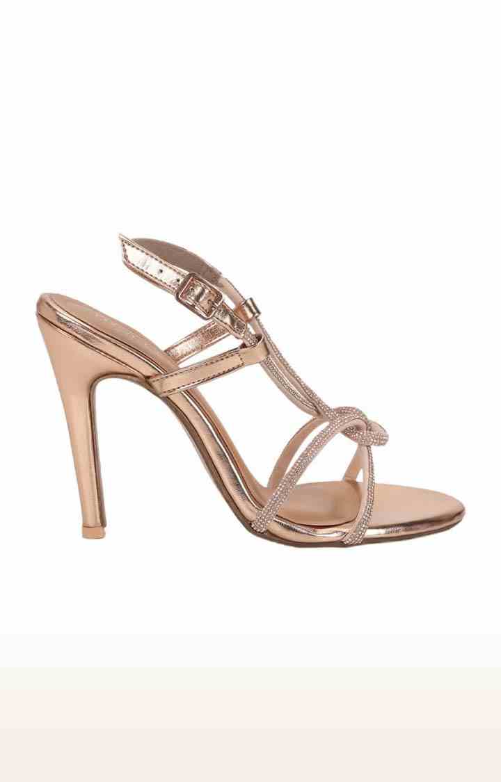 Women's Gold PU Textured Buckle Block Heels