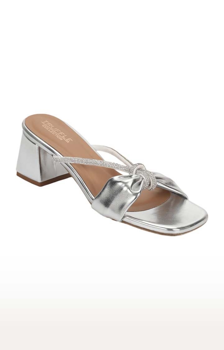 Truffle Collection | Women's Silver PU Solid Slip On Block Heels