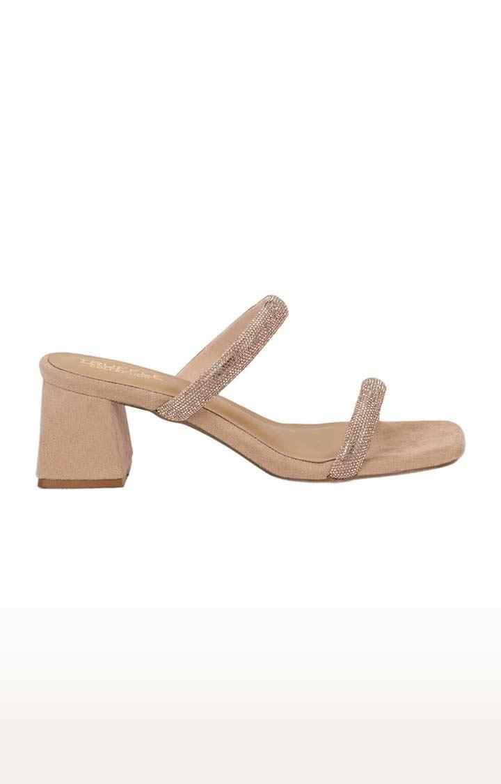 Women's Beige Suede Embellished Slip On Block Heels