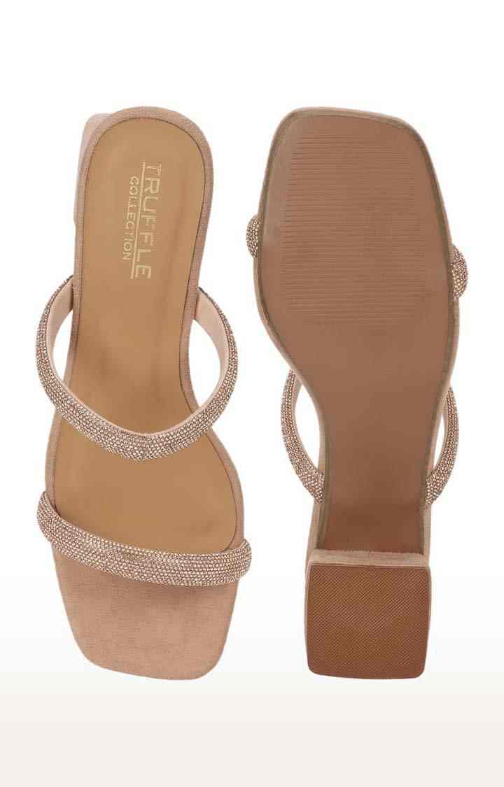 Women's Beige Suede Embellished Slip On Block Heels