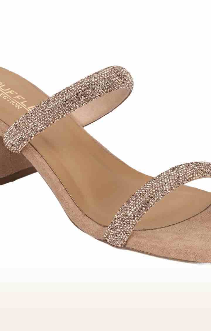 Women's Beige Suede Embellished Slip On Block Heels