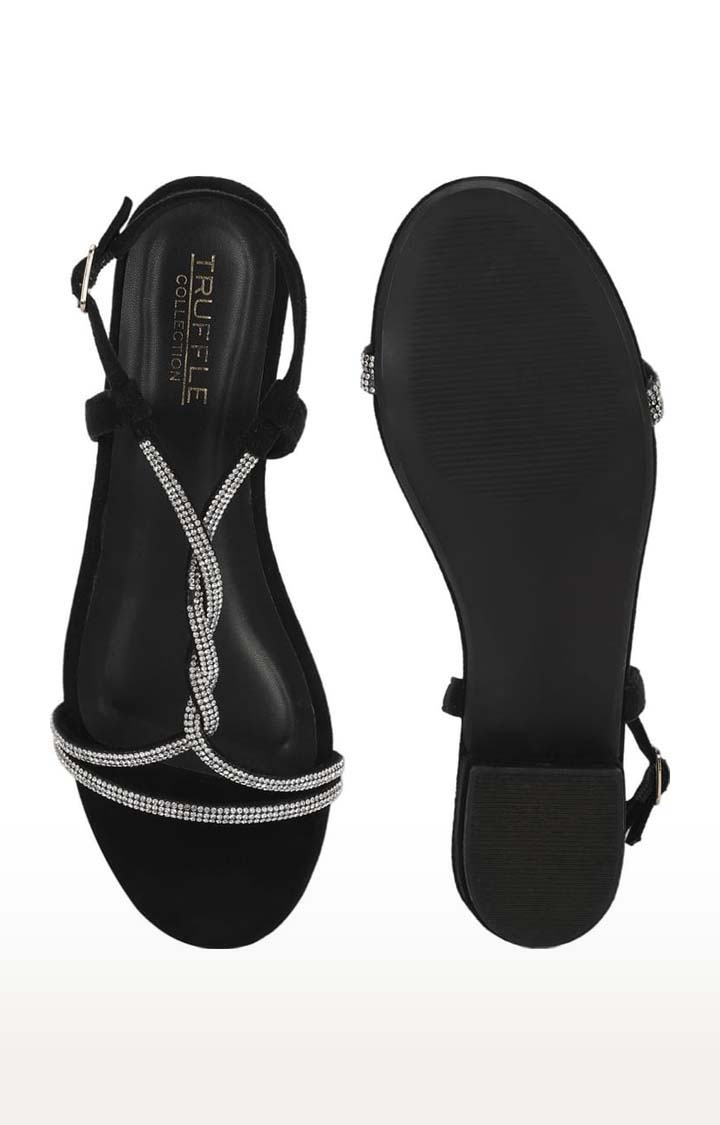Truffle Collection | Women's Black Suede Embellished Buckle Sandals 3
