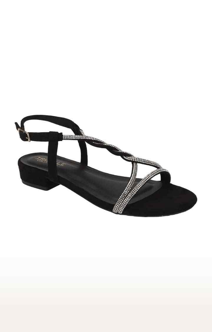 Truffle Collection | Women's Black Suede Embellished Buckle Sandals 0