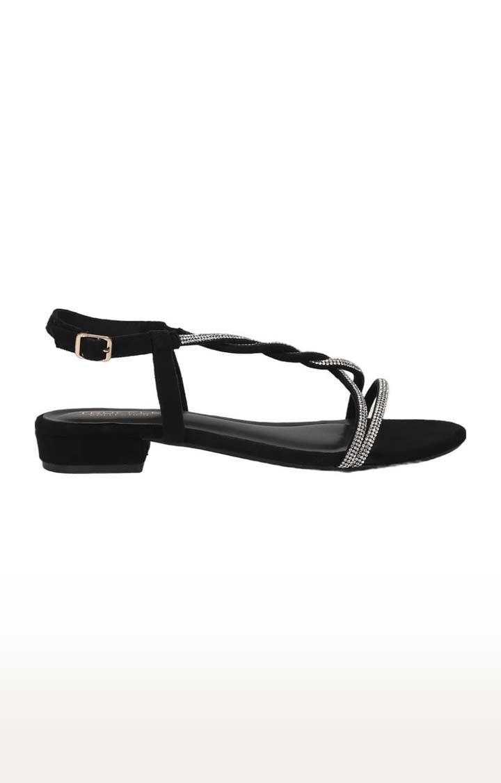 Truffle Collection | Women's Black Suede Embellished Buckle Sandals 1