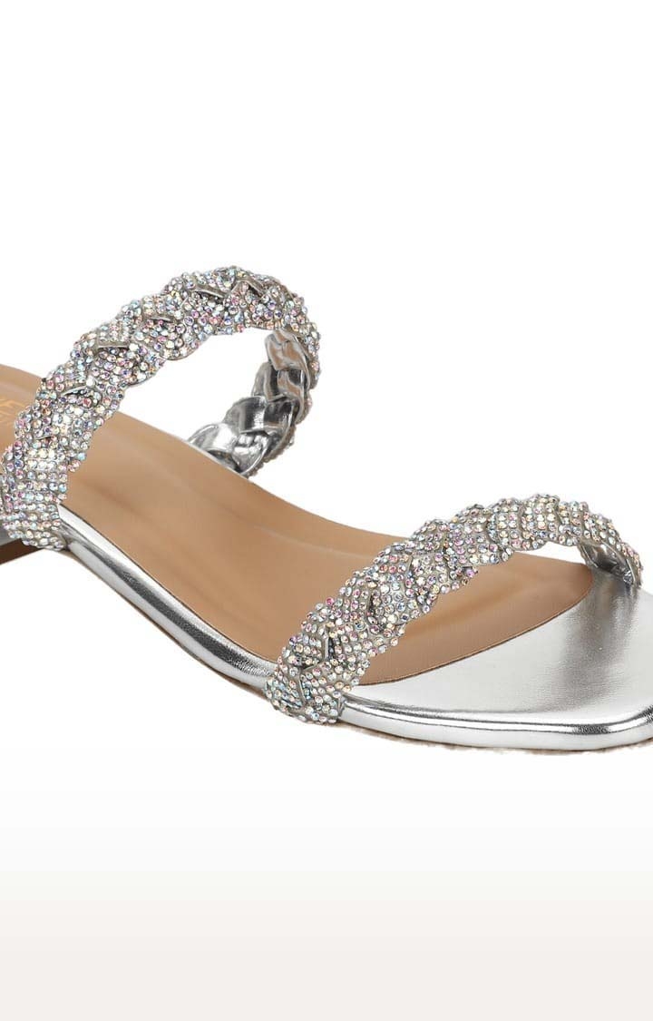 Women's Silver PU Embellished Slip On Block Heels