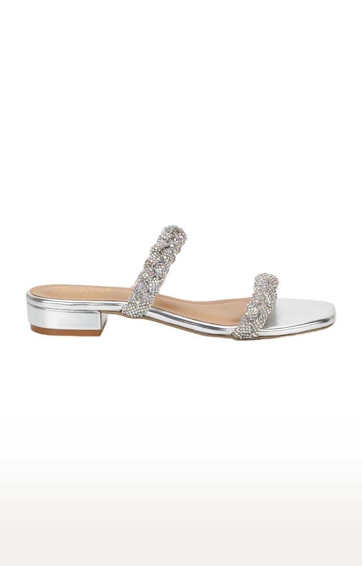 Women's Silver PU Embellished Slip On Block Heels